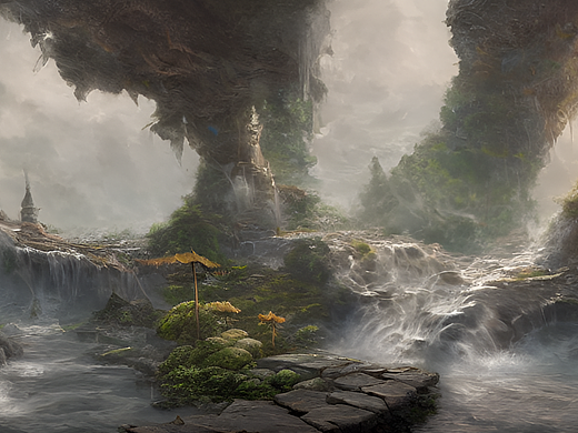 #AI创作实验室#瀑布，海底，宫殿，亭台，龙，雾