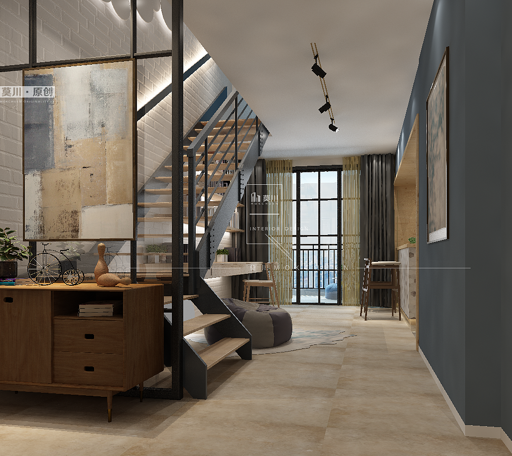 楼梯旁的隔断采用玻璃悬挂艺术画的设计,搭配柜子上的小配饰,营造门厅的精致感。
楼梯底部设置书桌加搁板式书架,该空间可以作为一个多功能房使用。