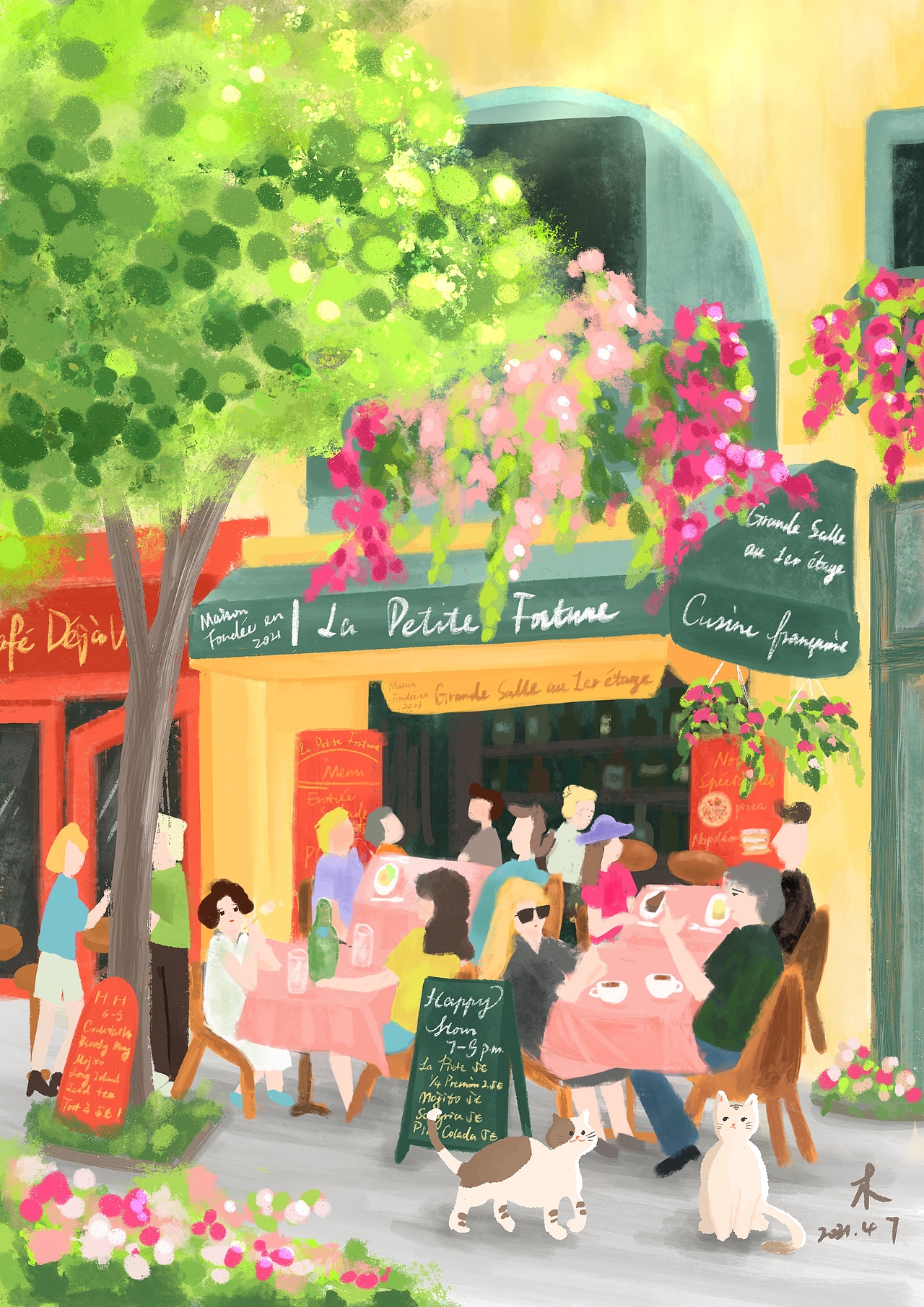 procreate原创插画—春日巴黎街头咖啡店