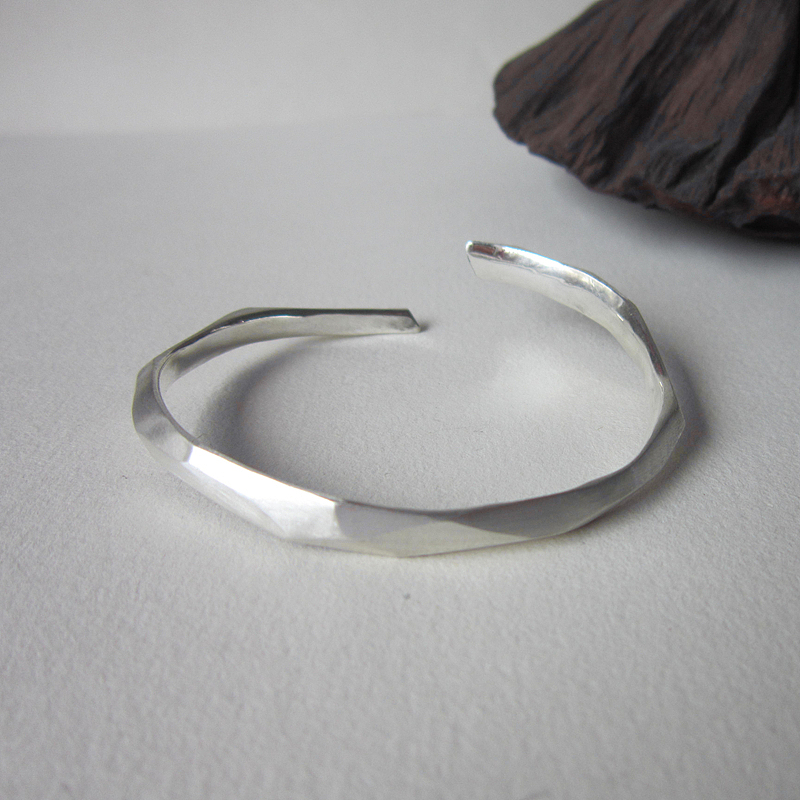 不规则多面几何素银手镯