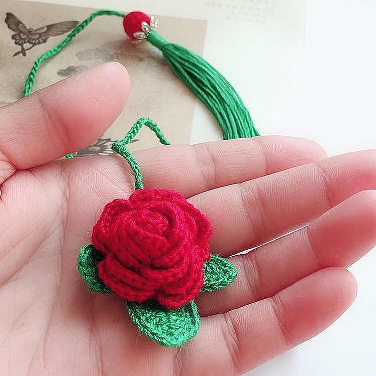 纯手作毛线编织浪漫:rose:玫瑰花书签