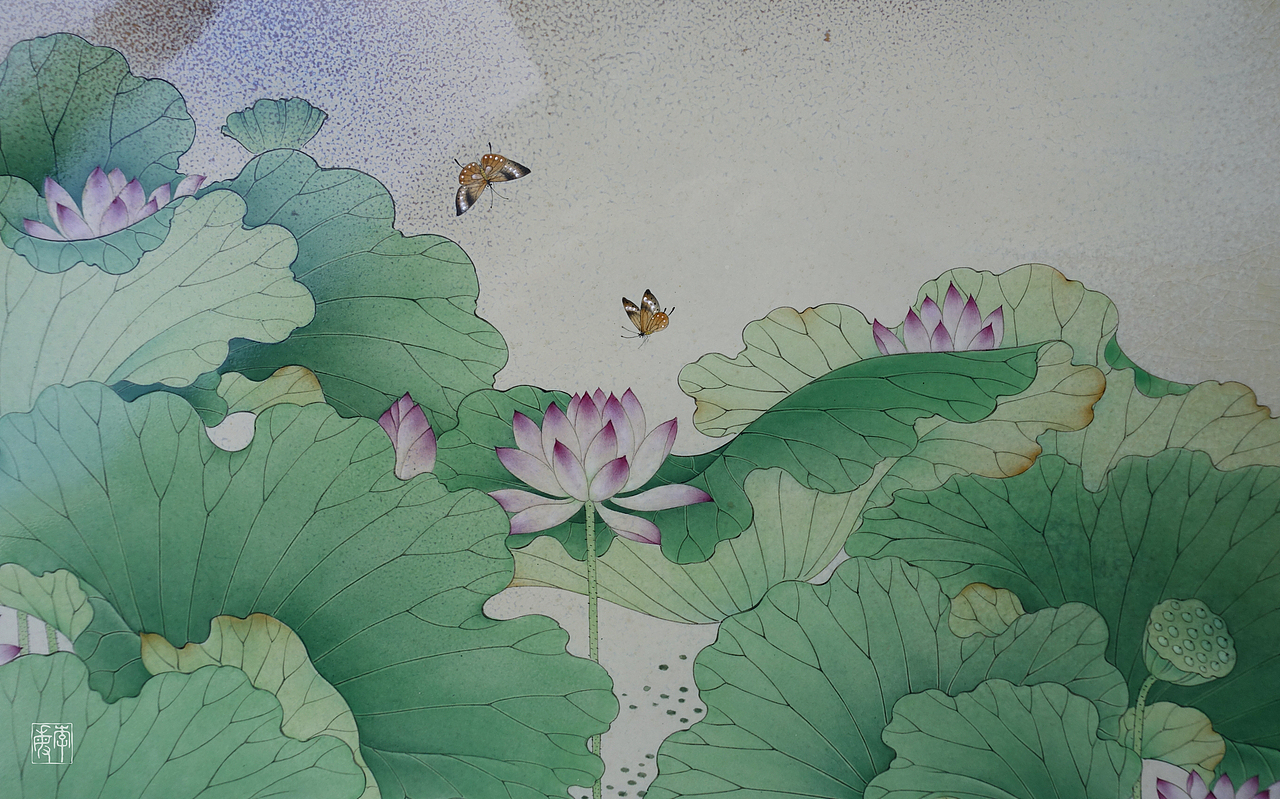 太液荷风图颜色釉瓷板画