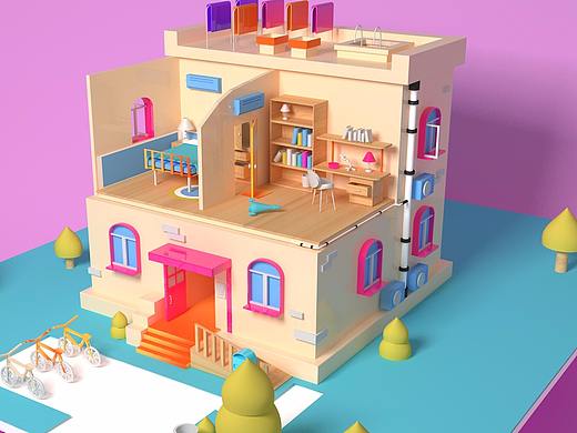 自学C4D 小房子 还不太会材质。。