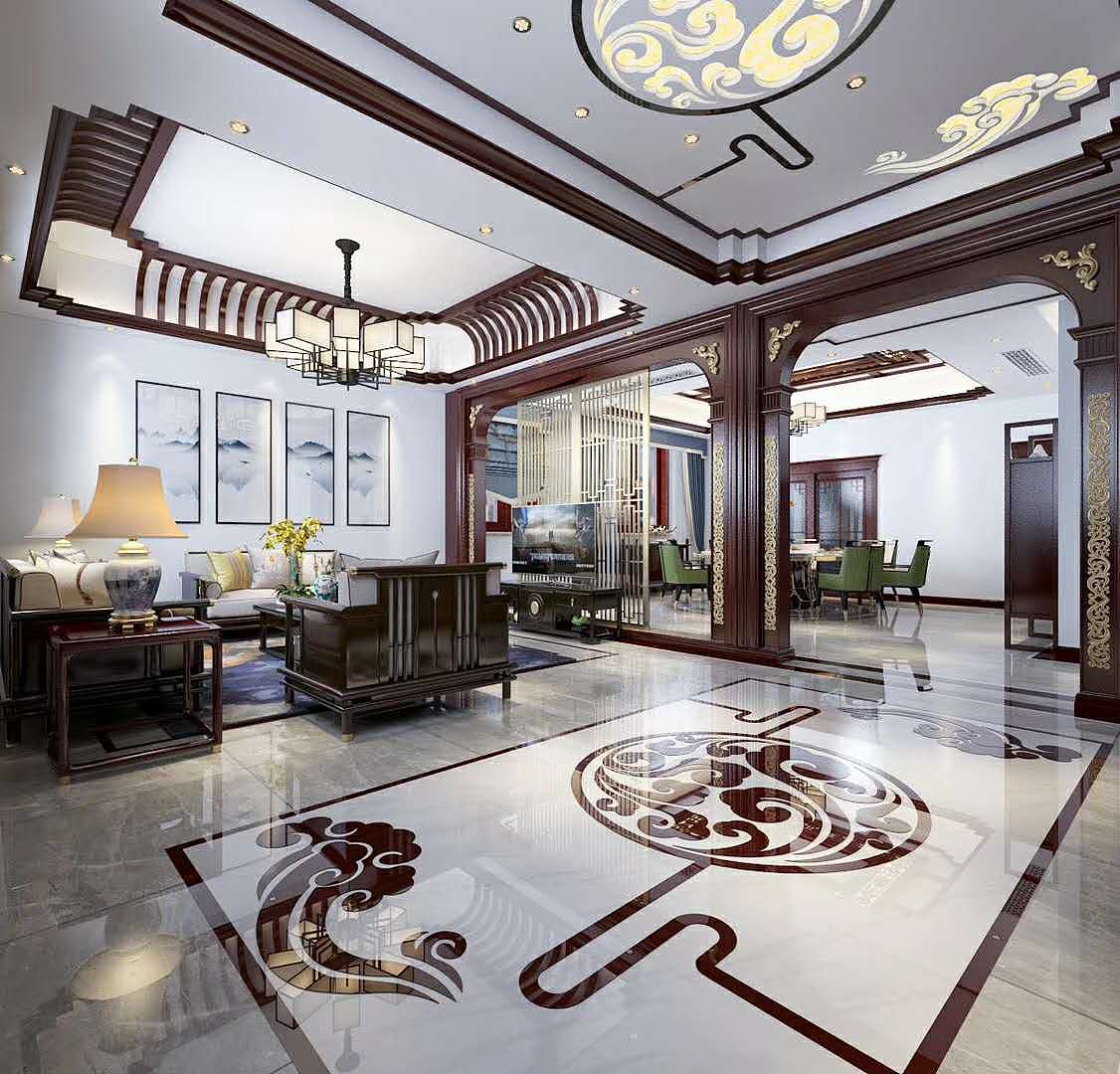 新中式客厅餐厅书房娱乐室（图ZMjAzODg4NjQ0） - 家装设计 - 站酷设计师室内设计表现媛原创素材 - 站酷ZCOOL