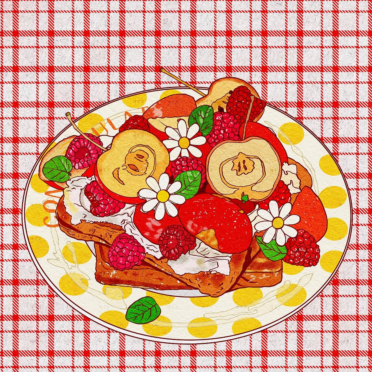 ipad手绘插画 | 迷你苹果树莓肉桂法式吐司