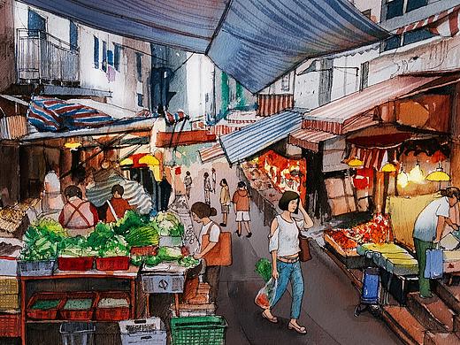 香港24节气爱情故事-水彩插画，香港街道（部分）