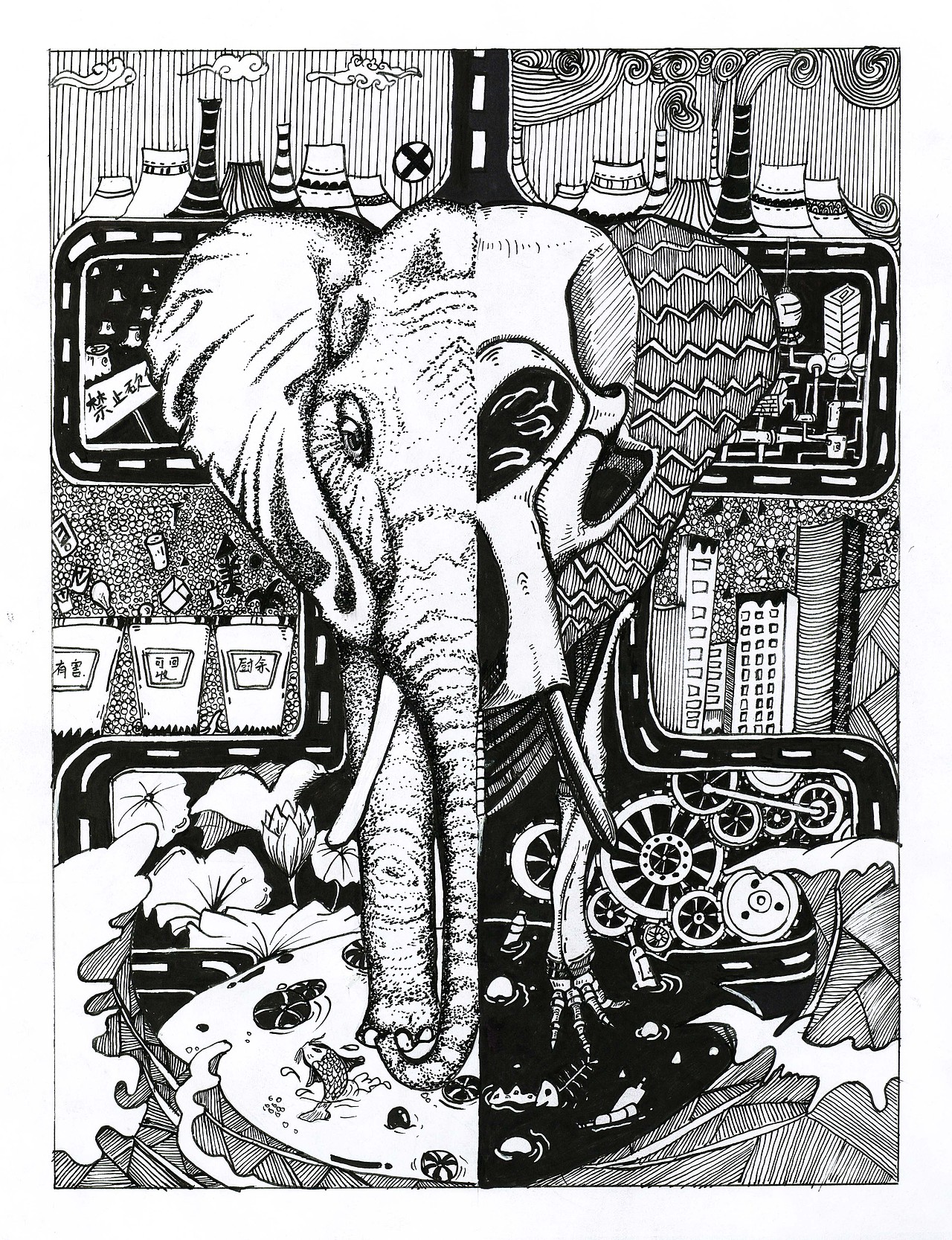 黑白装饰画-保护环境/爱护动物