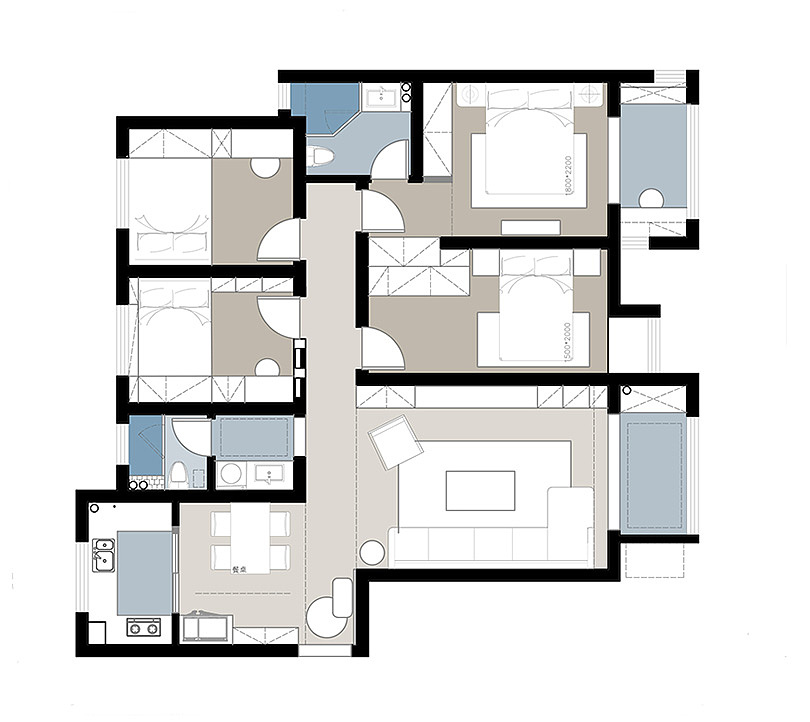 建业花园里四室两厅145平混搭风格装修案例欣赏---平面布局图