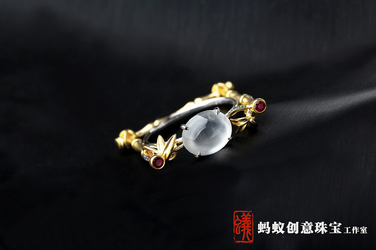 【蚂蚁创意珠宝工作室】竹子翡翠蛋面戒指