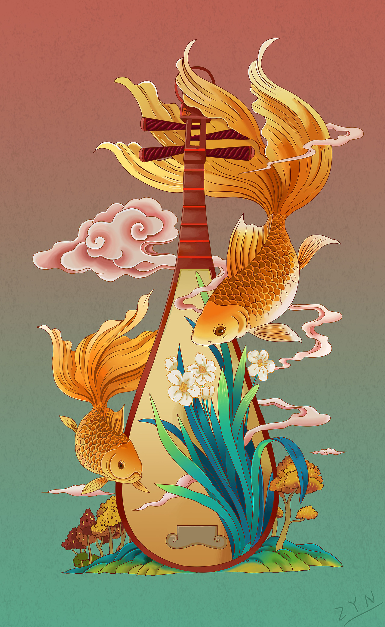 琵琶锦鲤|插画|创作习作|铁铁铁6_临摹作品-站酷zcool