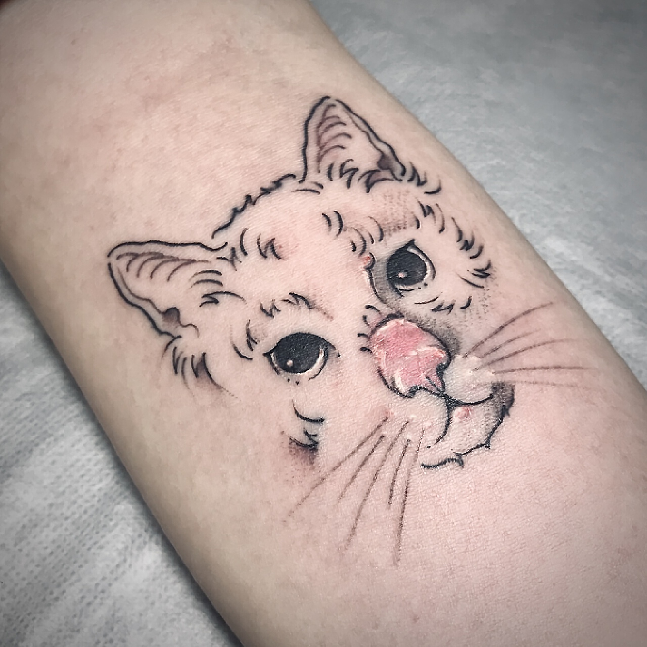 手臂黑灰猫咪纹身作品图案