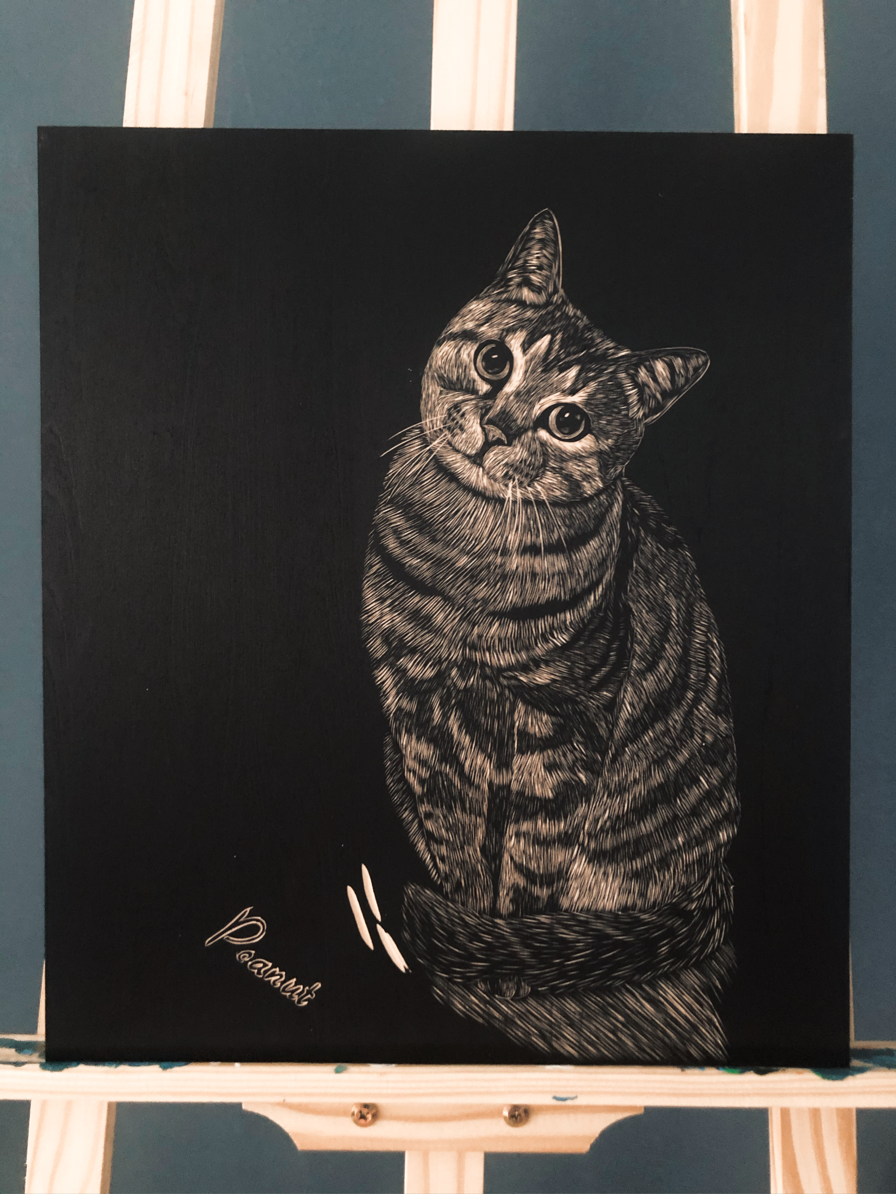 手工雕刻猫咪黑白木刻版画