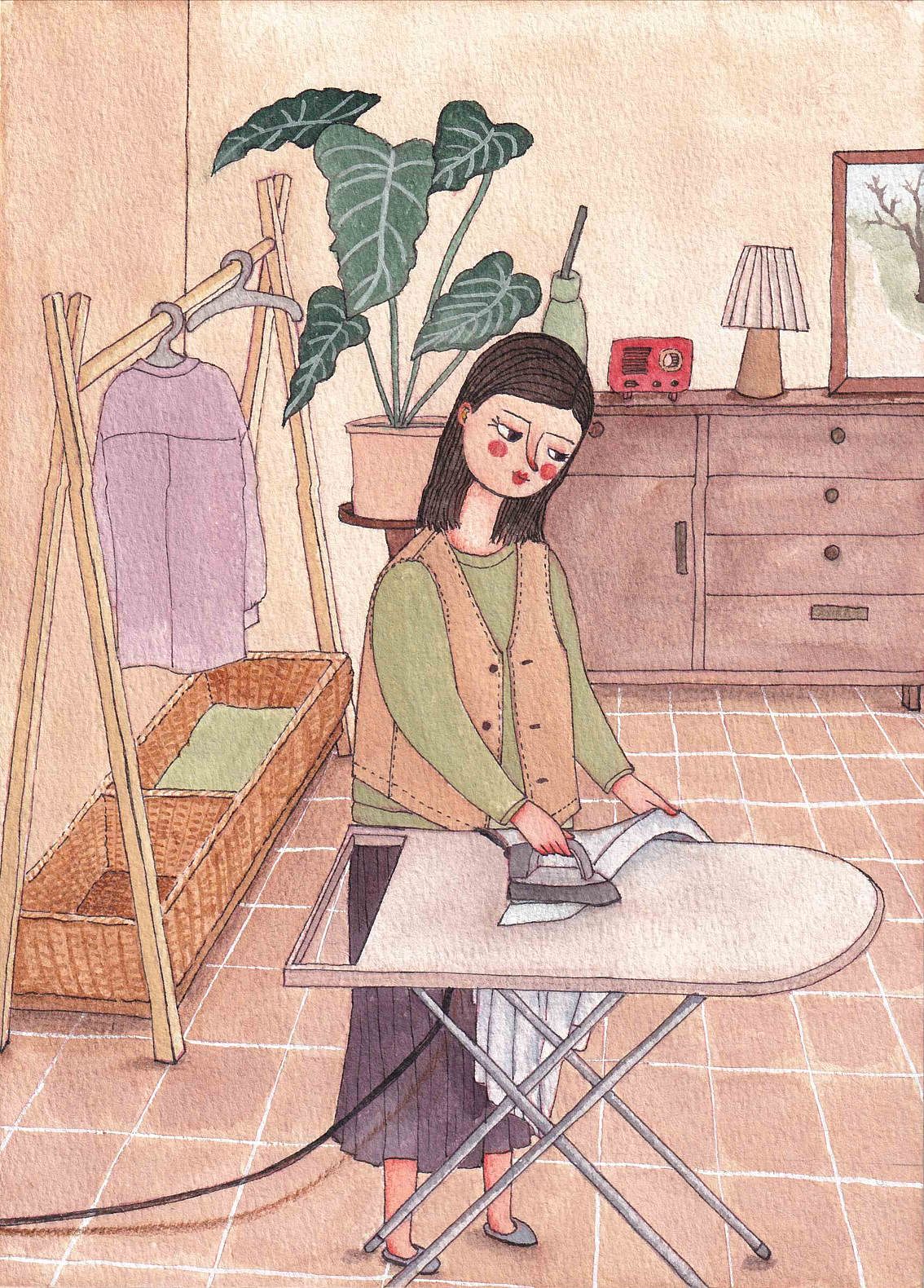 水彩插画【生活不过如此】熨烫衣服