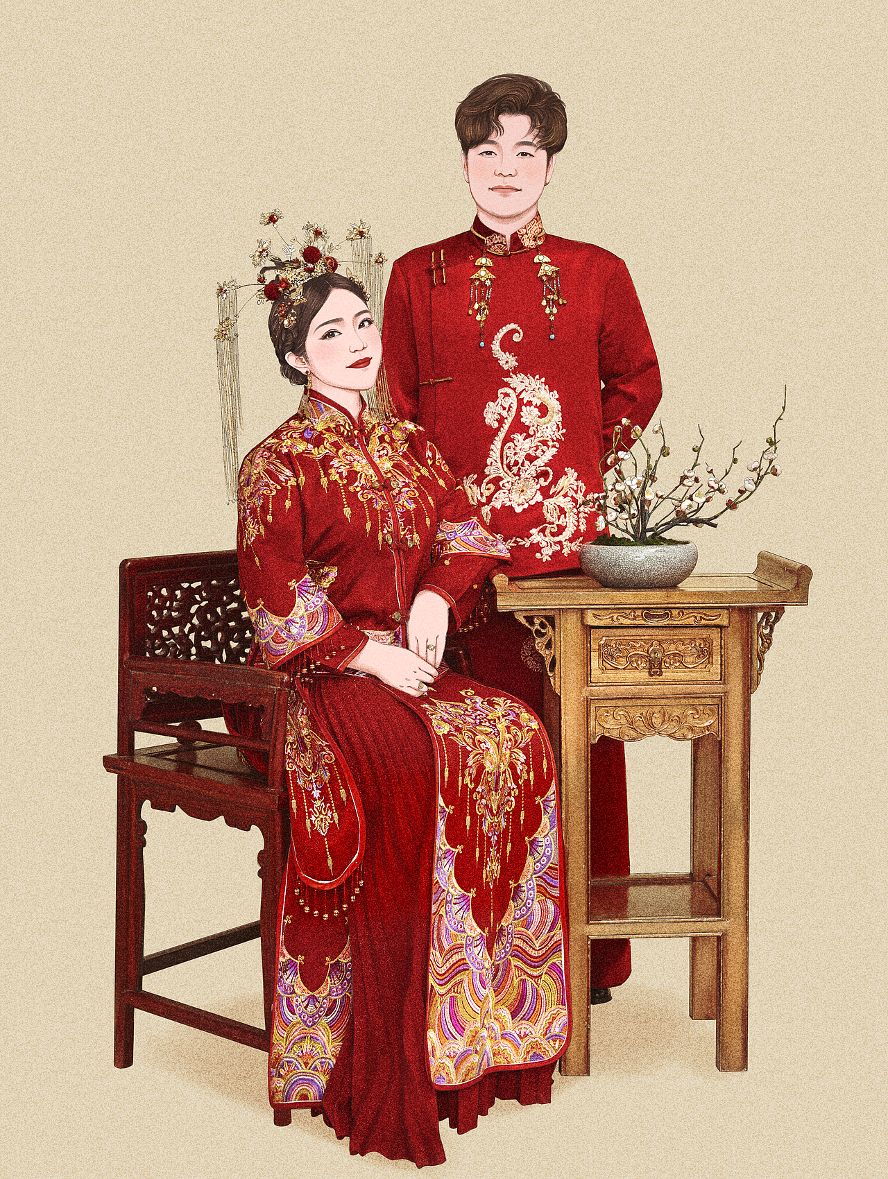 手绘中式婚礼插画