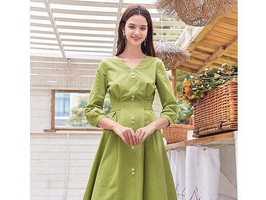 复古V领系带连衣裙