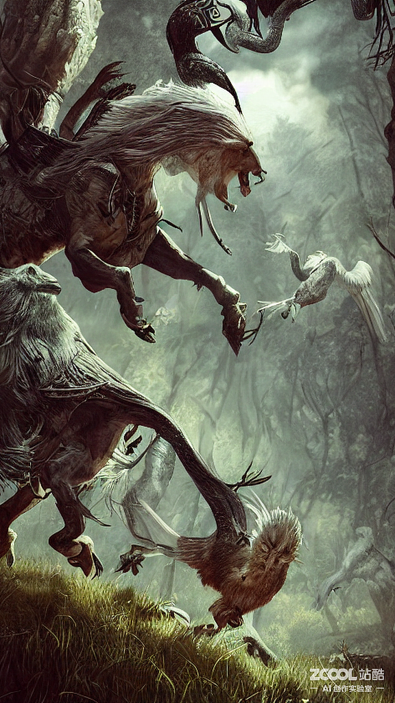 #AI创作实验室#森林里的狮鹫，战斗（图ZMzE4NjE4MTk2） - AI作品 - 站酷设计师空白不黑原创素材 - 站酷ZCOOL