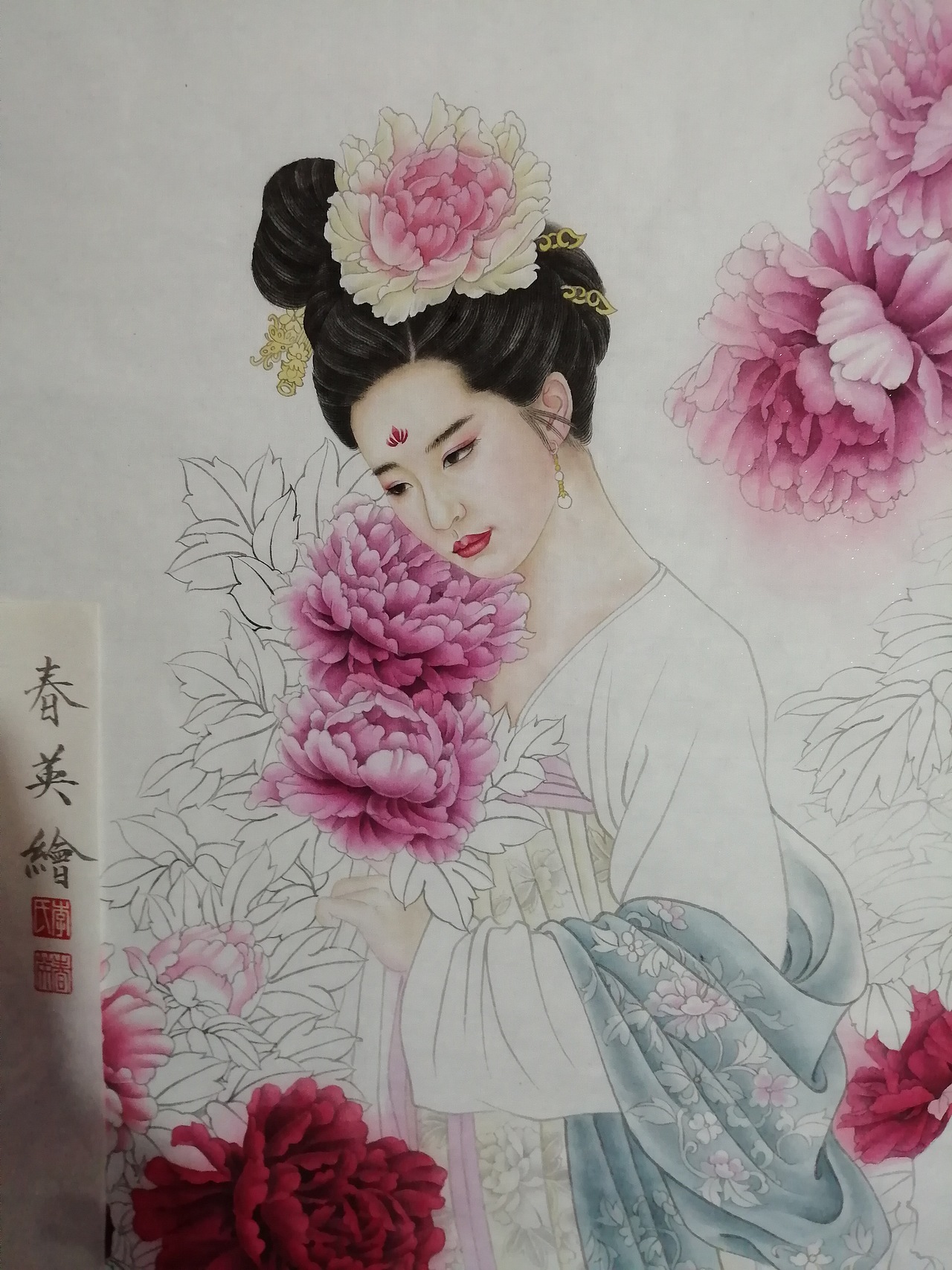 工笔画《牡丹仙子》原图刘亦菲,作者 李春英