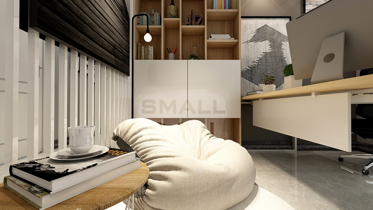 书房为开放设计,大大的落地窗,白色方管作为隔断,通透而又隐私;电脑桌旁,懒人沙发静静躺在地上,背后的落地灯发出温暖的光芒。