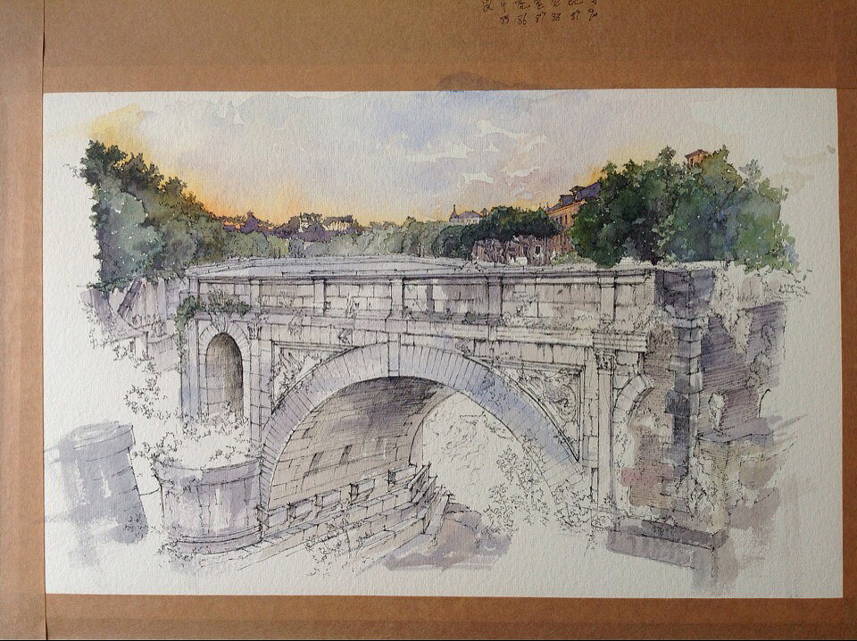 建筑水彩手绘—桥(过程)