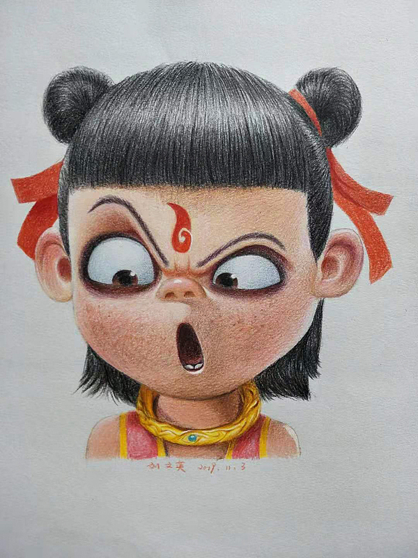 彩铅画-小哪吒|纯艺术|绘画|素墨宣纸_原创作品-站酷zcool