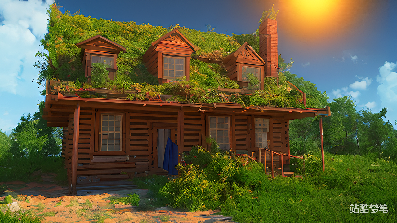 #站酷梦笔#蓝天 无云 小木屋 房子周围涨满植物 早晨（图ZMzMwNjUxNDQw） - AI作品 - 站酷设计师doublekjzc原创素材 - 站酷ZCOOL