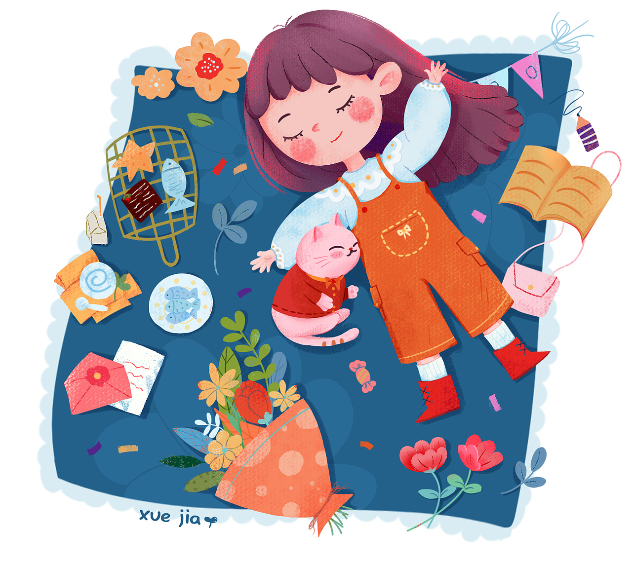 女孩与猫（图ZMjE3NjE1NjIw） - 儿童插画 - 站酷设计师橙橙橙子啊原创素材 - 站酷ZCOOL