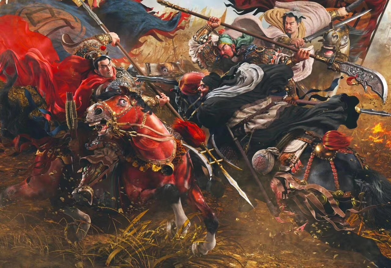 油画场景手绘三英战吕布