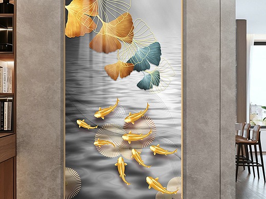 新中式简约抽象银杏叶挂画九鱼图玄关装饰画