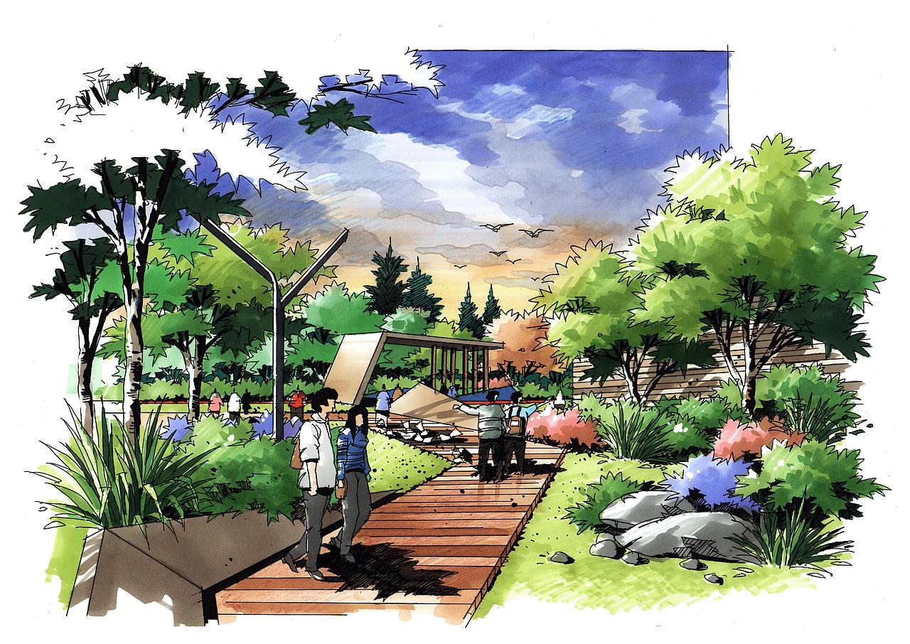 园林景观线稿步骤图上色作品欣赏(六)