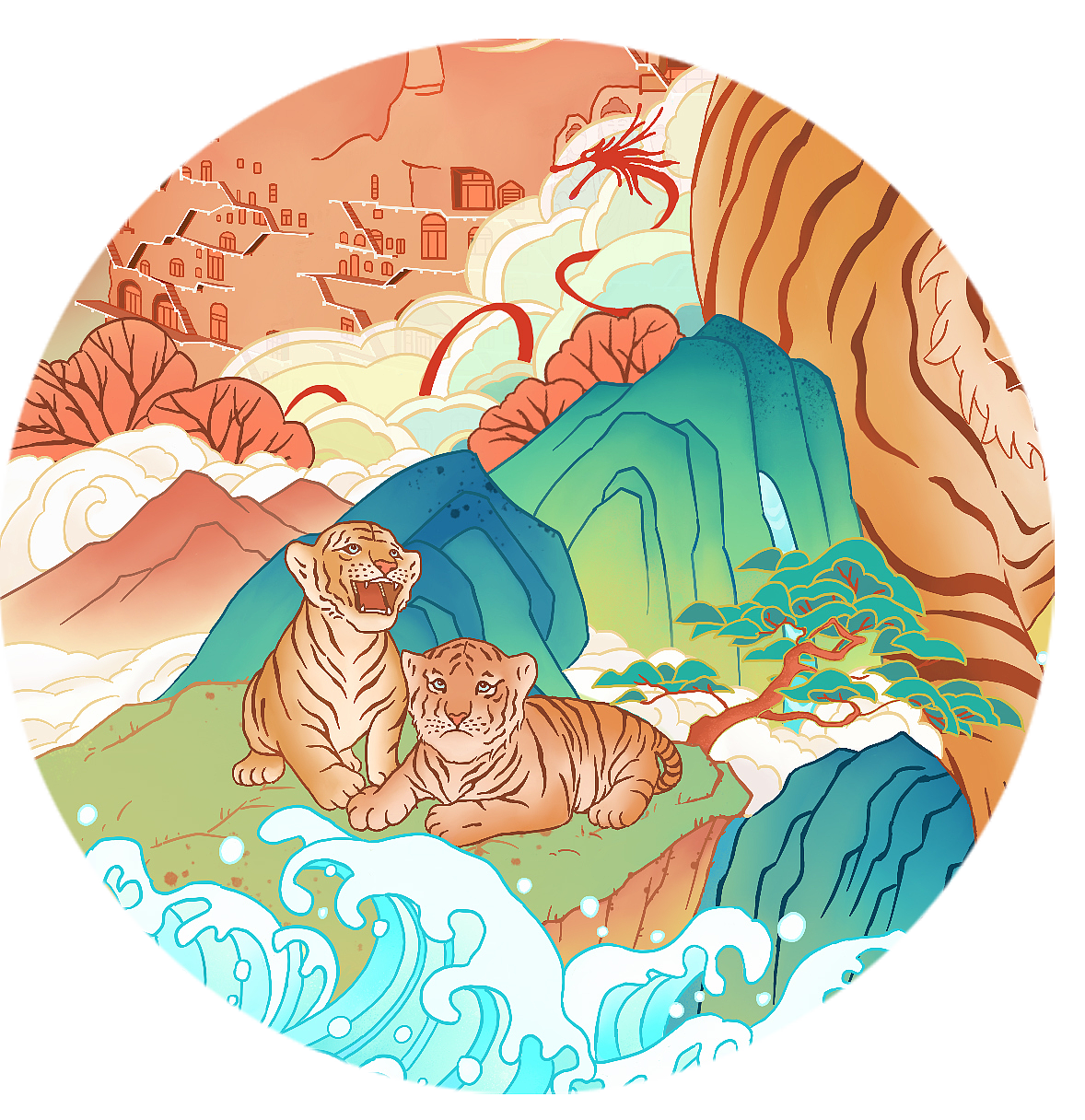 虎年賀歲，五虎迎春（圖ZMjgzMzUzNDIw） - 商業(yè)插畫 - 站酷設計師關山度月原創(chuàng)素材 - 站酷ZCOOL