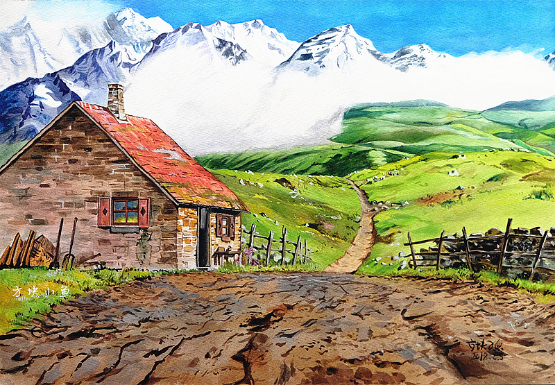 用不透明水彩绘画宫崎骏动画的童话风