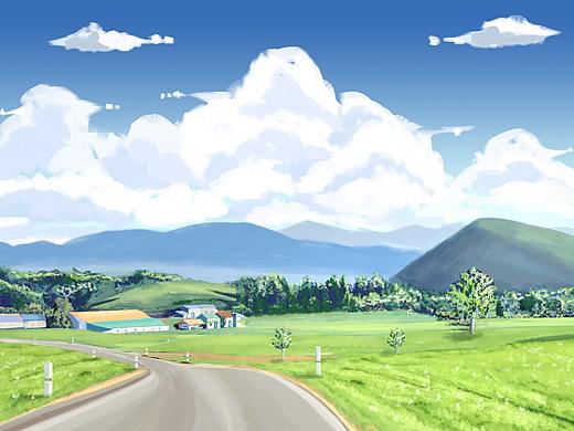 日漫风乡间风景画插画花瓶蛋糕卡通插画