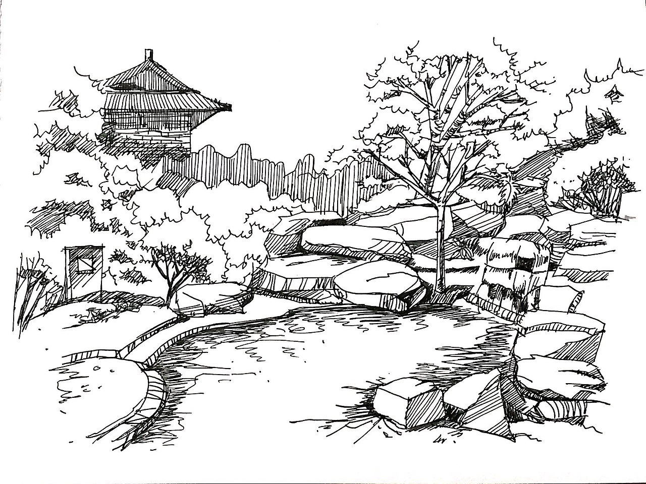 手绘线稿风景人物