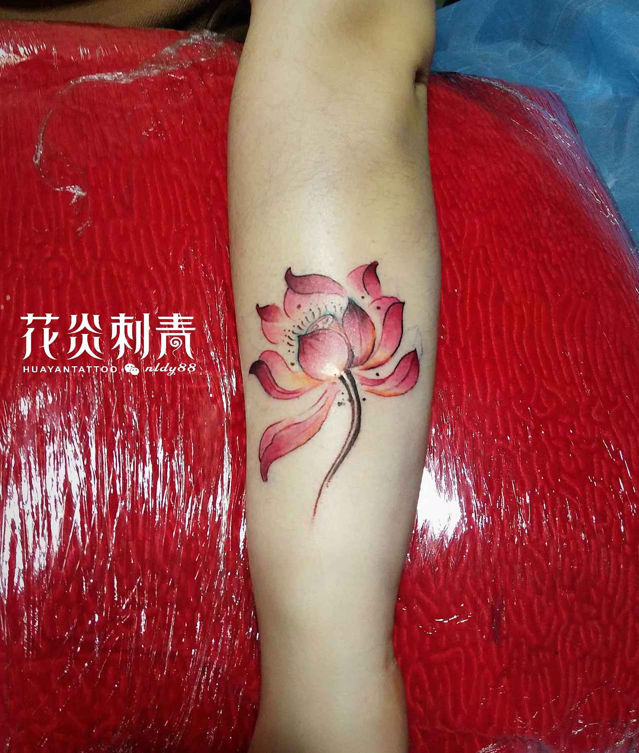 花炎刺青工作室纹身作品  女生小臂 小莲花 偏传统味道的保定