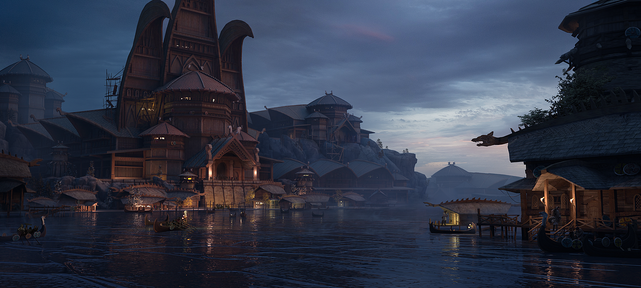 维京风格的建筑练习.清晨薄雾中的维京港口,恢弘大气中透露出野蛮感.