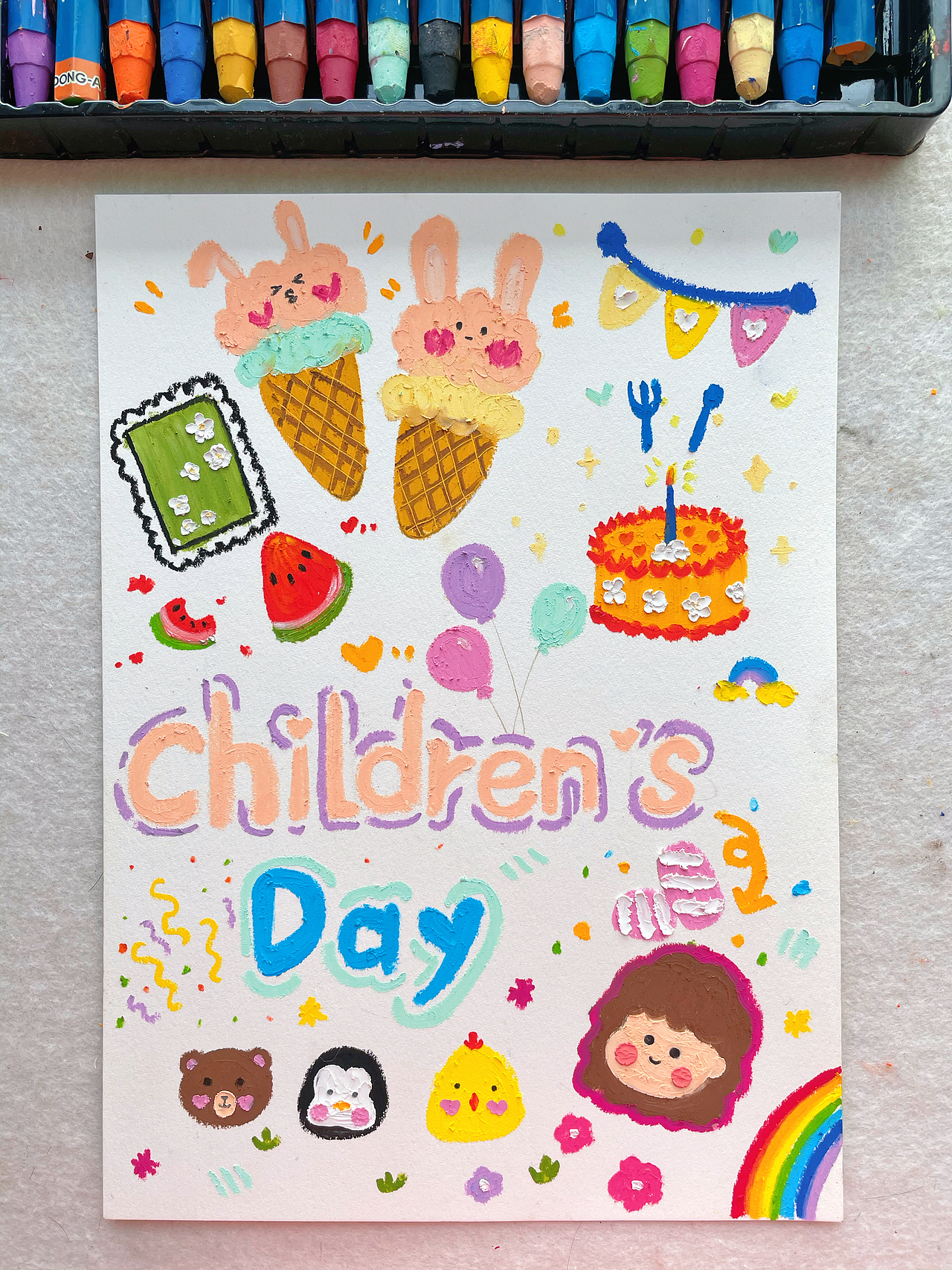 油画棒涂鸦•六一贺卡