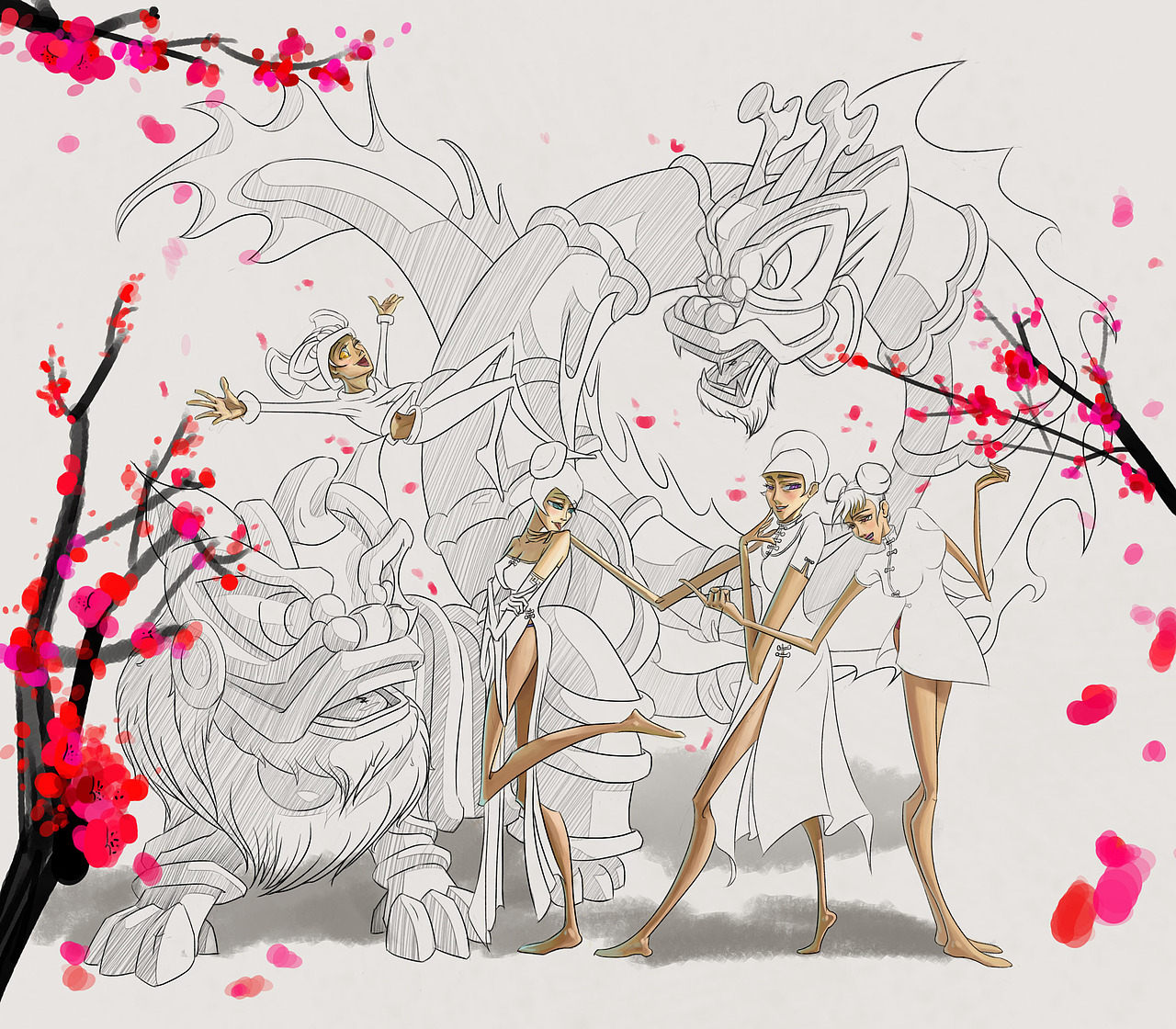 选择喜色的水墨梅花,线描,以及线条明暗和水墨的阴影,加上人物的色彩,感觉比较简约