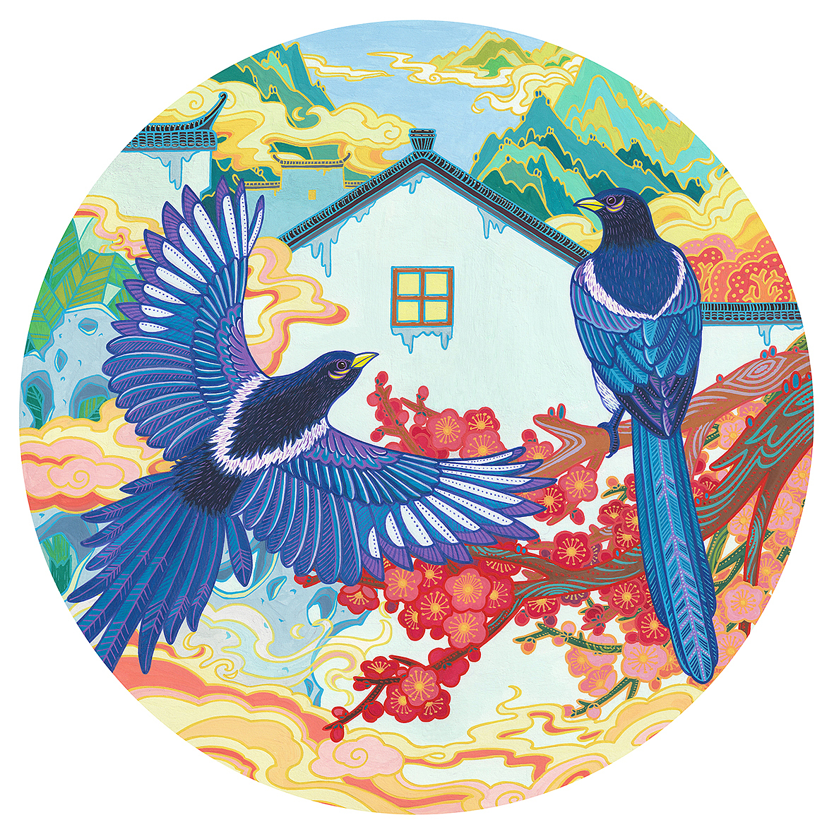 《报喜图》喜鹊水粉装饰画