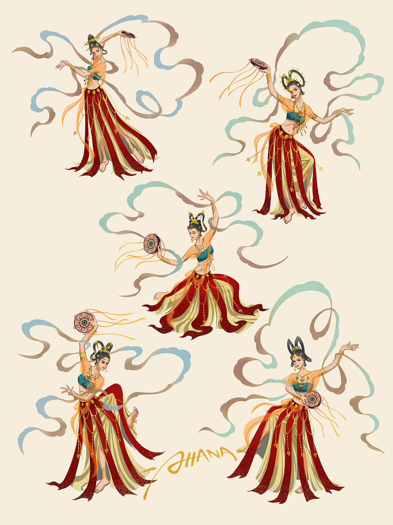 来自《飞天乐舞》的敦煌舞蹈,使用飘带鼓的舞姿造型 (～o~▽~)～o ~.