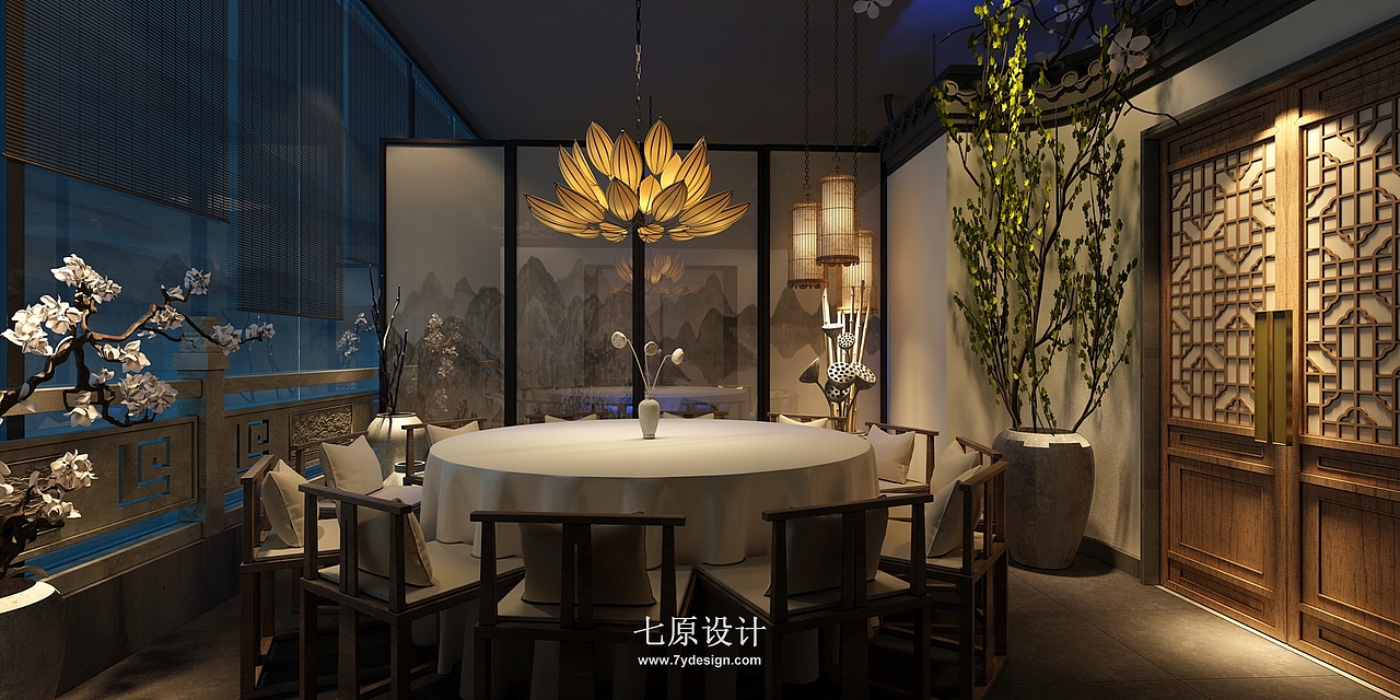蓝之莲中餐厅设计_餐饮空间设计_七原设计作品（图ZMTgxNTM4NDQ0） - 家装设计 - 站酷设计师七原设计原创素材 - 站酷ZCOOL