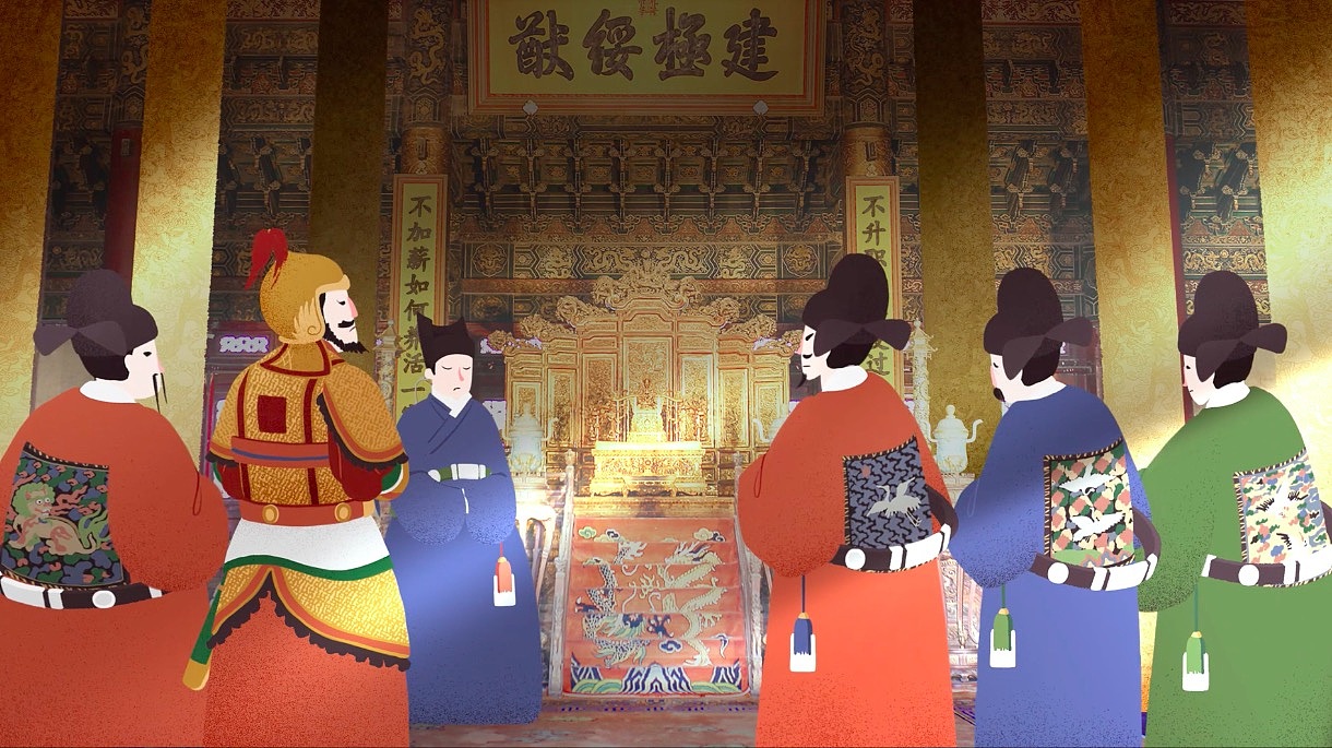 以第一支短片 "帝王早朝"为例,短片以古代宫廷为背景,讲述了皇帝因