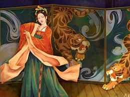 插画练习 | 2022第一幅练习 美女与两只小老虎