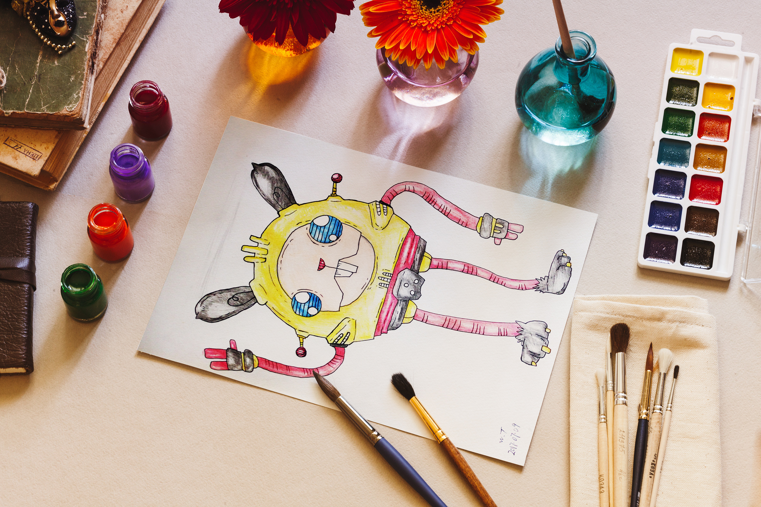 彩铅手绘小机器人系列插画可爱机械朋克风