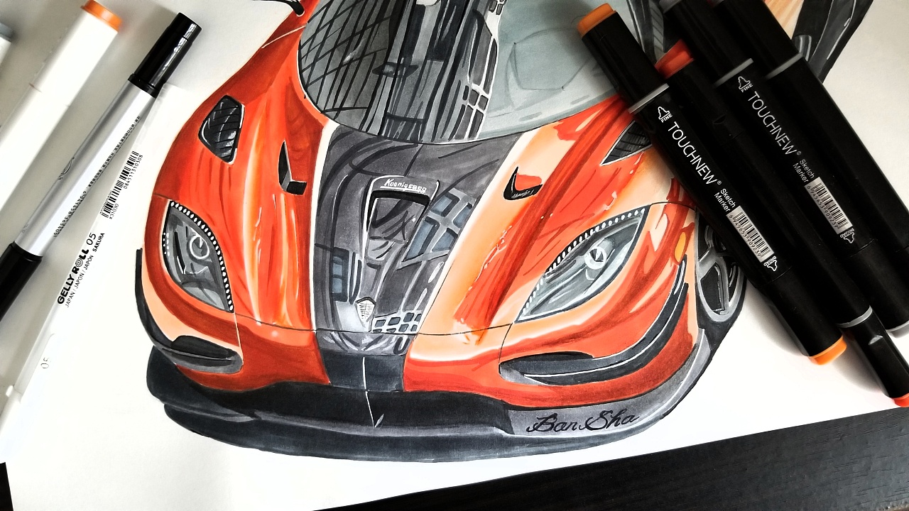 汽车手绘 马克笔彩铅手绘 柯尼塞格agera-xs|插画|艺术插画|班沙