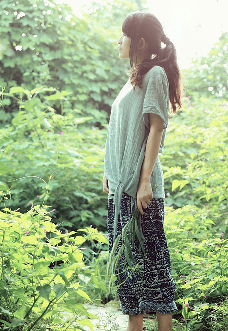 【向日葵记忆】原创设计文艺复古 微透的短袖稀疏亚麻上衣 光阴的故事