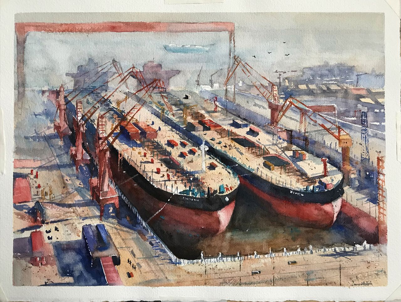 夏宇航水彩《火热的船厂》