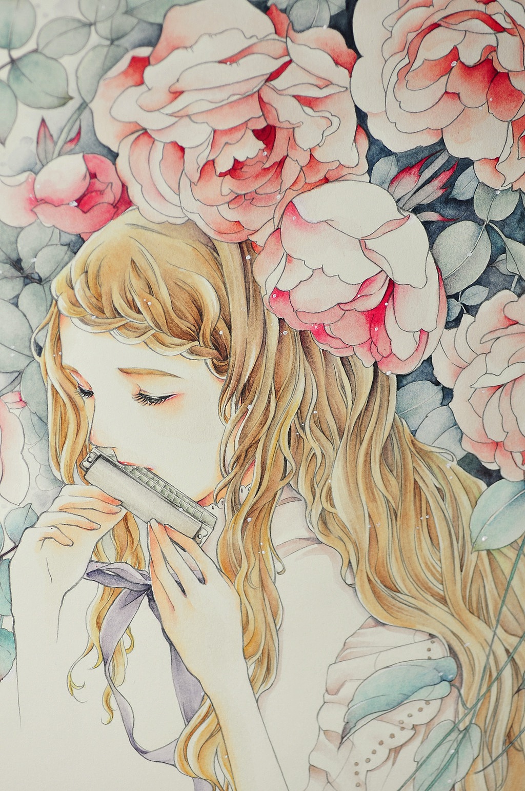 猫小姐惯用的最后一部,就是点白了。这里用的白颜料是丙烯这类的有遮盖作用的颜料,用白色水彩颜料来点就等于看不见了啊。其实这部通常是用笔沾上较多的白色颜料,再用手指去弹拨毛笔,让颜料自然洒落在画面上。可是猫小姐试过几次,不能很好控制,经常弄得满桌满身都是飞溅的颜料。就这有笨拙的一颗一颗点了……