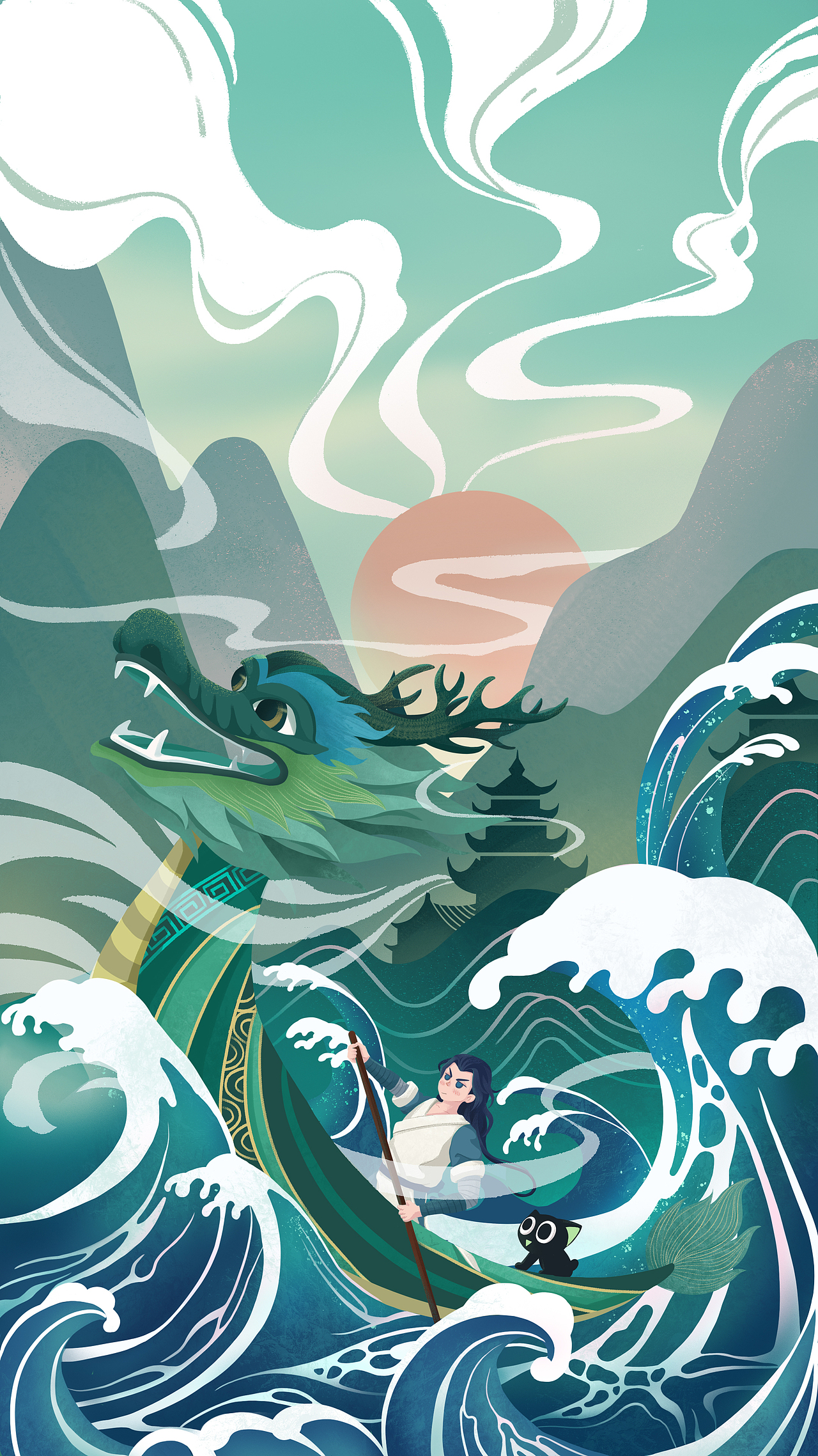 罗小黑系列插画之端午节赛龙舟