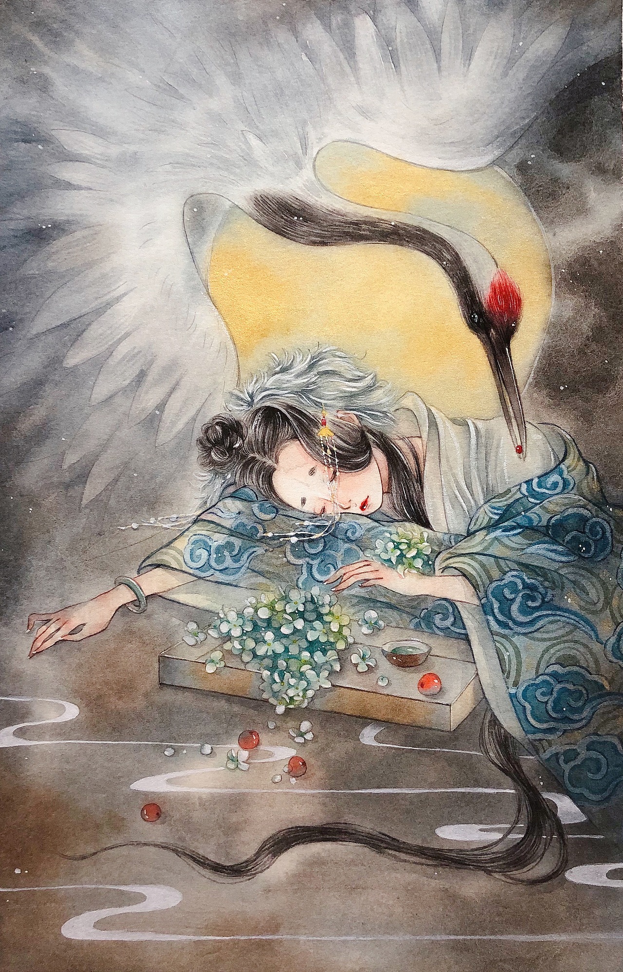 古风颜彩手绘-有鹤来兮