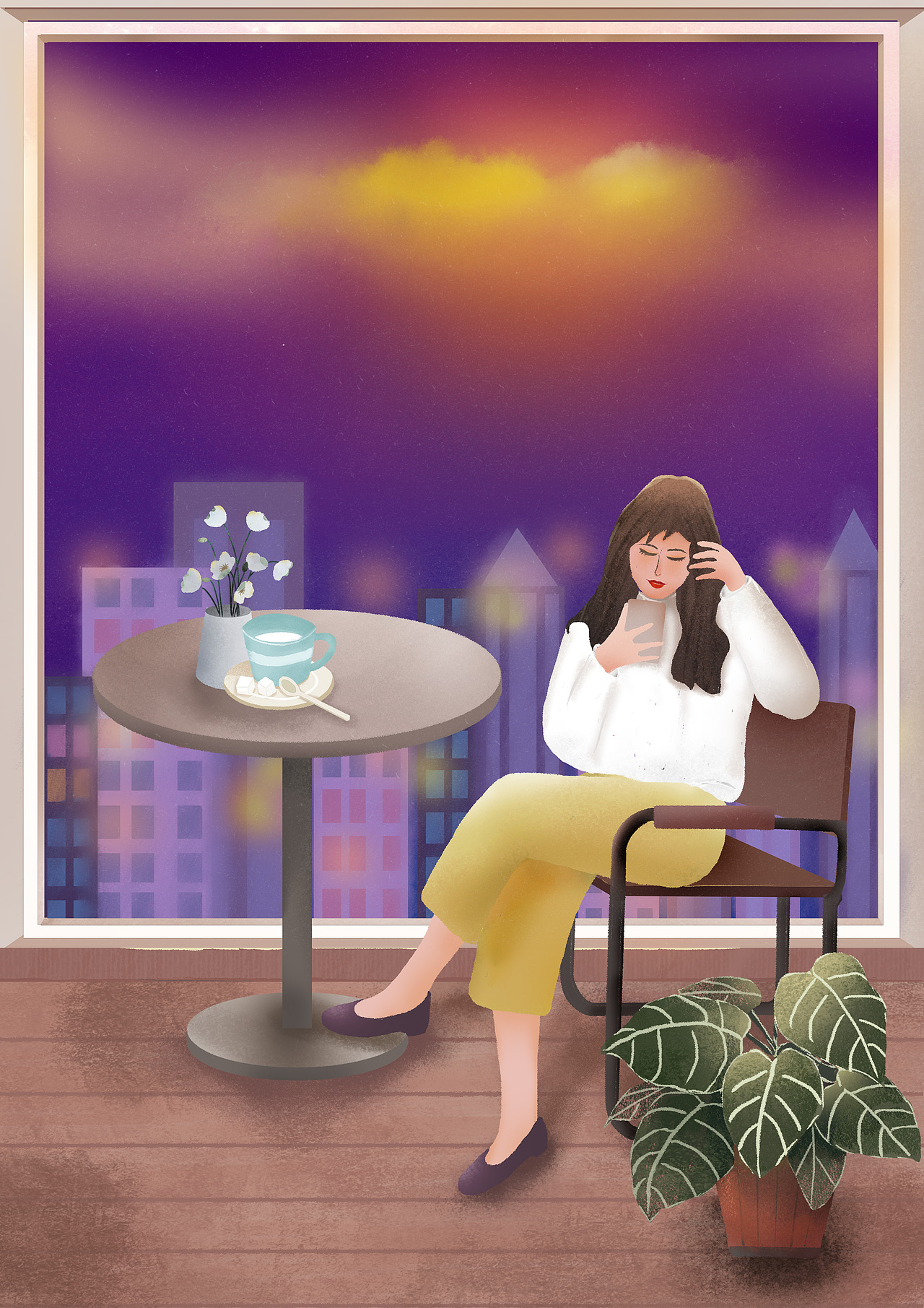 时尚插画看手机的女孩